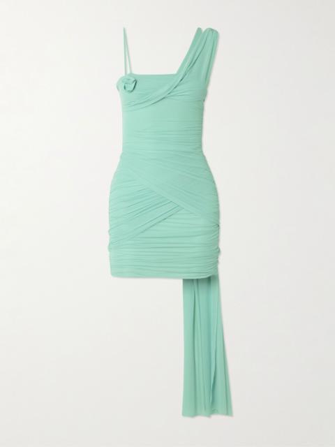 MAYGEL CORONEL Hilvan appliquéd draped ruched stretch-jersey mini dress Turquoise