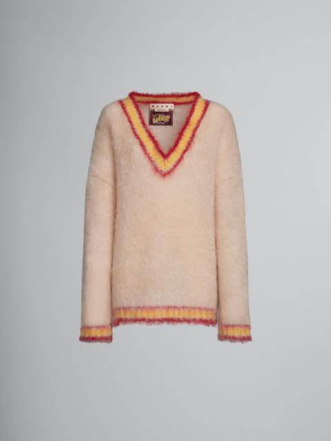 TAN MOHAIR JUMPER WITH STRIPED TRIMS