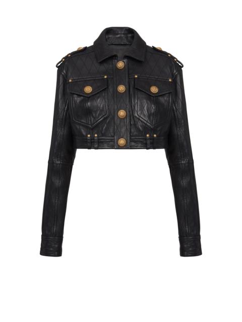 Topstitched cropped leather jacket