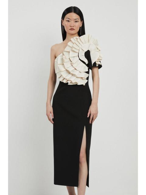 KAREN MILLEN Petite Compact Stretch Taffeta Ruffle One Shoulder Midi Dress