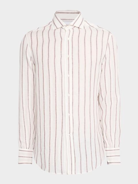 Brunello Cucinelli Men's Linen and Cotton Slim-Fit Textured Stripe Button-Down Shirt