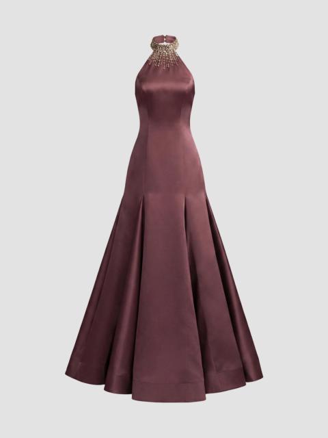 MAC DUGGAL Women's Beaded Satin Sleeveless Godet Gown - Deep Plum