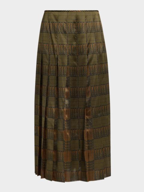 Lafayette 148 New York Pleated Glen Plaid-Print Silk Midi Skirt