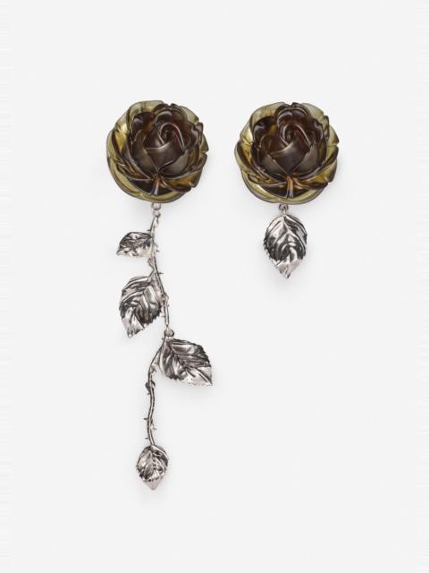 MAGDA BUTRYM Rose asymmetric drop earrings in khaki and silver