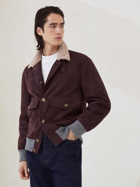 Brunello Cucinelli Nubuck-effect shearling aviator jacket with cashmere knit inserts