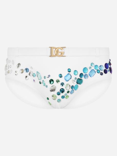 Dolce & Gabbana DG-logo swim briefs with high-cut leg and crystals