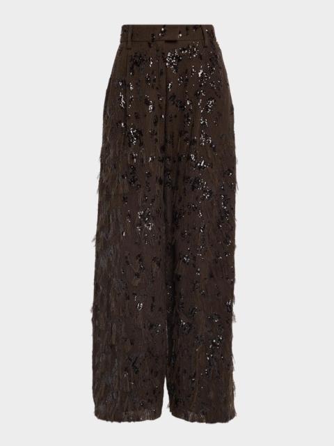 Brunello Cucinelli Animalier Sequined Fringe Silk Wide-Leg Trousers