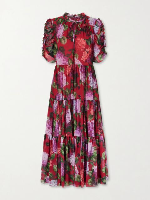 CAROLINA HERRERA Tie-detailed ruffled tiered floral-print silk-chiffon midi dress Red