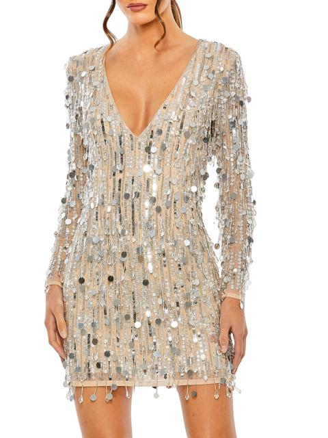 MAC DUGGAL Women's Long-Sleeve Beaded Fringe Minidress - Silver