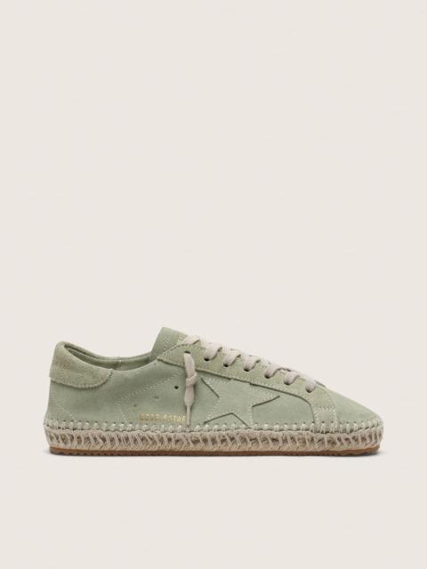 Golden Goose Women’s Super-Star in sage-green suede with tone-on-tone suede star and jute-effect foxing