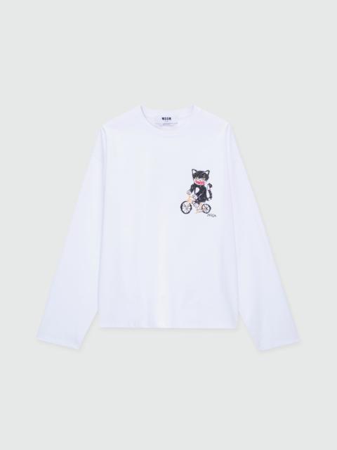 MSGM White long-sleeve cotton jersey T-shirt with chest embroidery