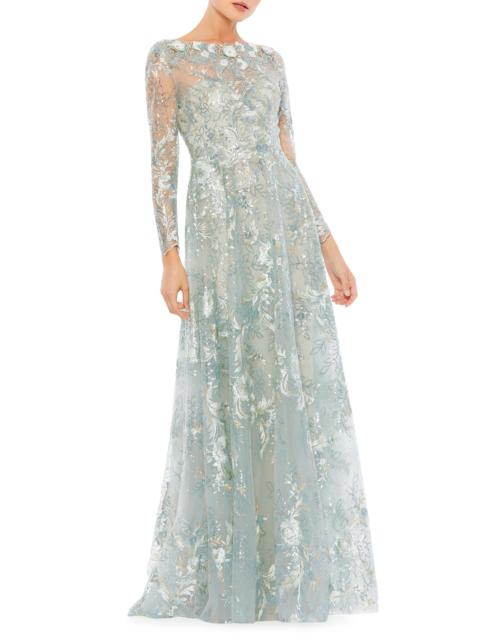 MAC DUGGAL Women's Floral Embroidered Illusion Gown - Mist