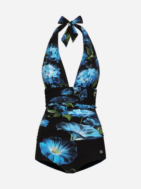 Dolce & Gabbana One-piece swimsuit with plunging neckline and bluebell print