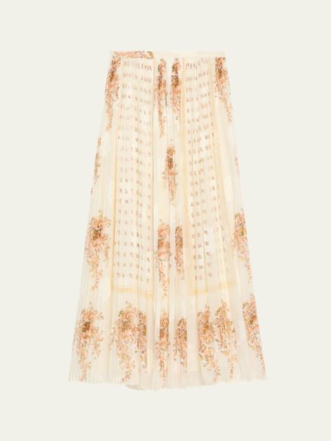 ULLA JOHNSON Brion Pleated Floral Silk Lace Midi Skirt