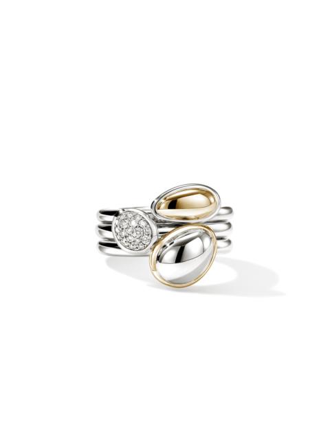 JOHN HARDY Pebble Stacking Ring Trio, Gold, Sterling Silver, Diamonds