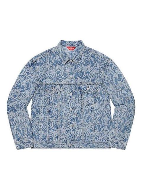 Supreme Script Jacquard Denim Trucker Jacket 'Teal White' SUP-FW22-723