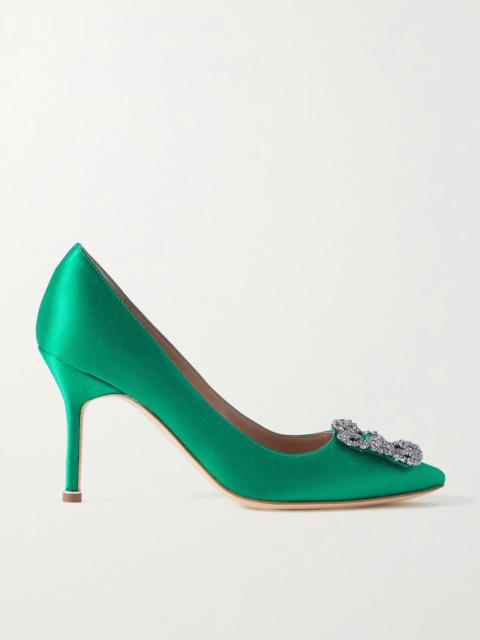 Manolo Blahnik Hangisi 90 crystal-embellished satin pumps Jade
