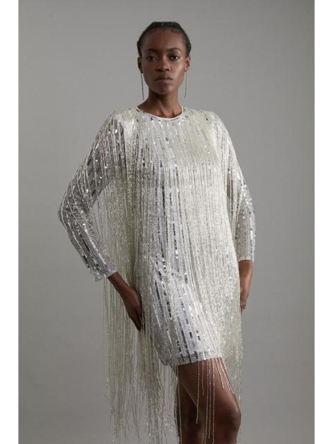 KAREN MILLEN Petite Embellished And Beaded Tassel Woven Mini Dress
