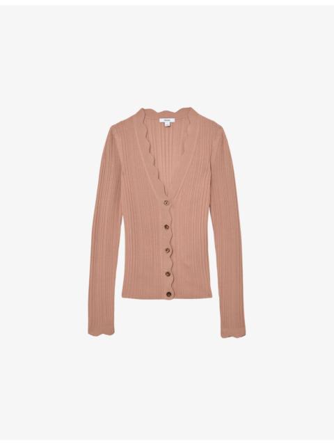 REISS Vinny Scallop-Trim Ribbed-Knit Cardigan