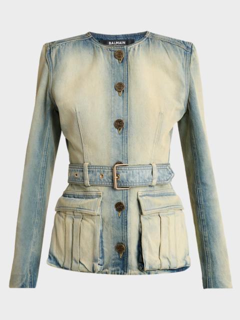 Balmain Button-Down Belted Denim Top