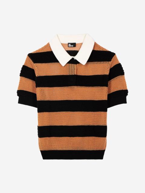 The Kooples ORANGE AND BLACK STRIPED OPENWORK POLO SHIRT