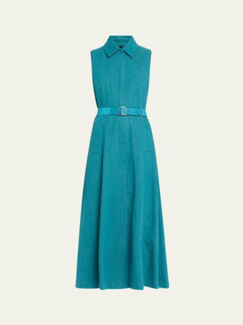 AKRIS Sleeveless Belted Denim Midi Shirtdress
