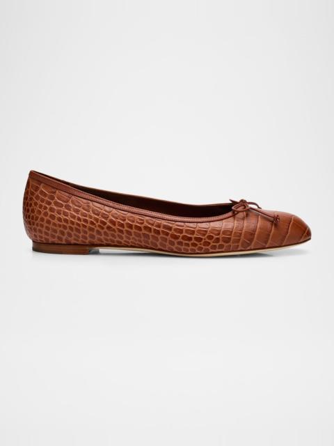 Manolo Blahnik Verallim Croc-Embossed Leather Ballerina Flats