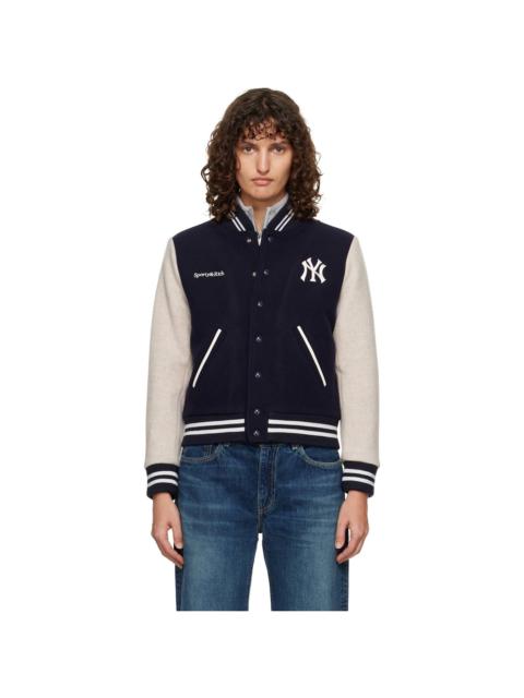 Sporty & Rich Navy & Beige Yankees Curve Wool Varsity Jacket