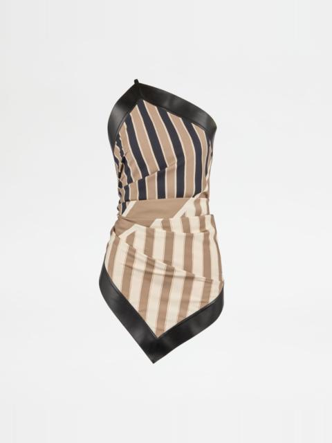 Tod's TOP IN SILK WITH LEATHER INSERTS - BROWN, BEIGE, OFF WHITE