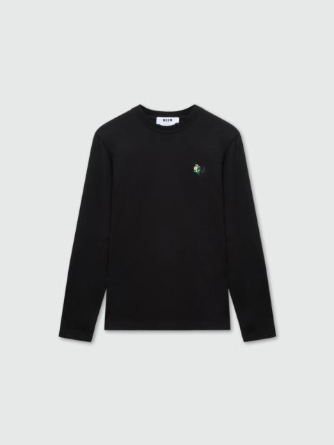 MSGM Black long-sleeve cotton jersey T-shirt with MWave logo embroidery on the chest