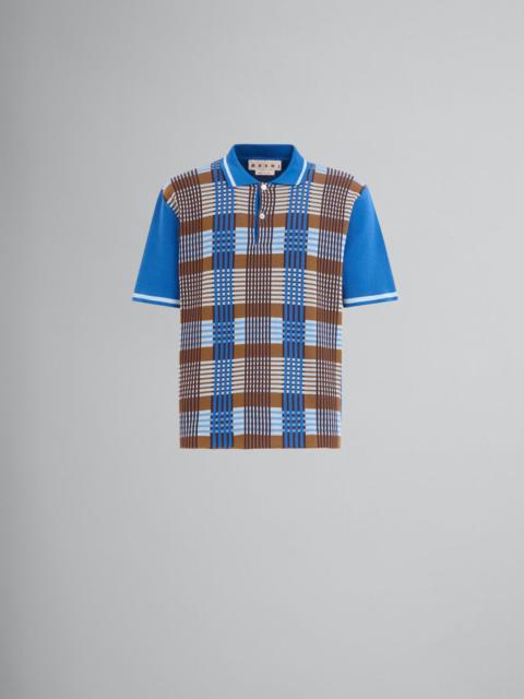 Marni BLUE AND BROWN CHECKED COTTON POLO SHIRT