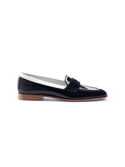 Women's blue and white patent leather penny loafer