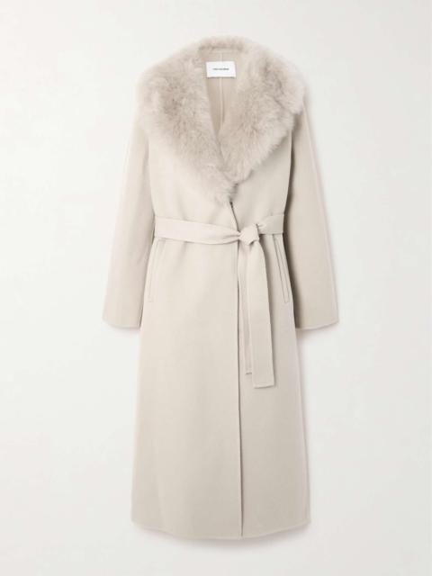 Belted shearling-trimmed wool and cashmere-blend coat