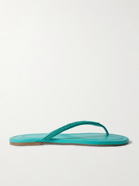 STAUD Freja Beaded Satin-trimmed Leather Flip Flops