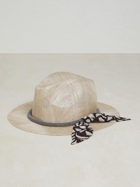 Brunello Cucinelli Abacá hat with band in ramage print poplin and monili