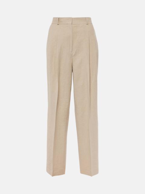 Pleated linen-blend straight pants