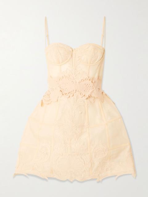 Zimmermann Rebellion Filigree appliquéd linen and silk-blend mini dress Cream