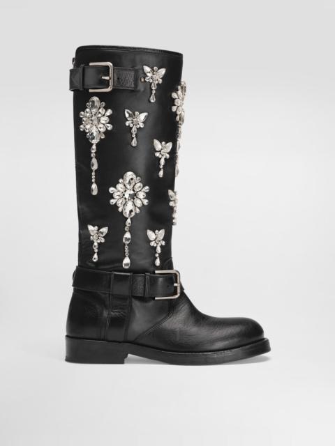 Dolce & Gabbana Horse leather boots with crystal embroidery