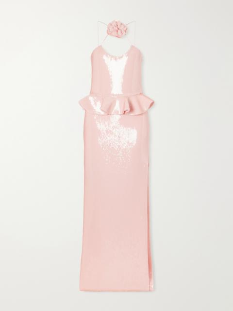 RODARTE Floral-appliquéd Ruffled Sequined Mesh Halterneck Gown
