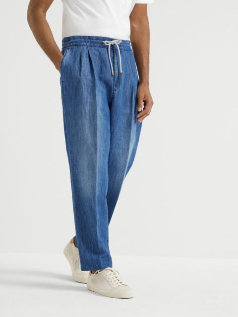 Brunello Cucinelli Cotton and linen denim leisure fit trousers with drawstring and double pleats