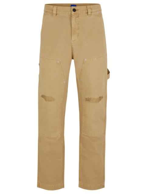 HUGO COTTON-CANVAS TROUSERS WITH DISTRESSED DETAILS