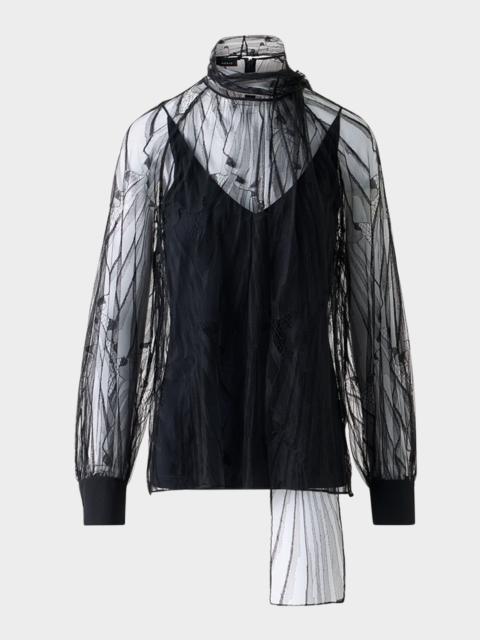 AKRIS Long-Sleeve Flounce Lace Scarf Blouse