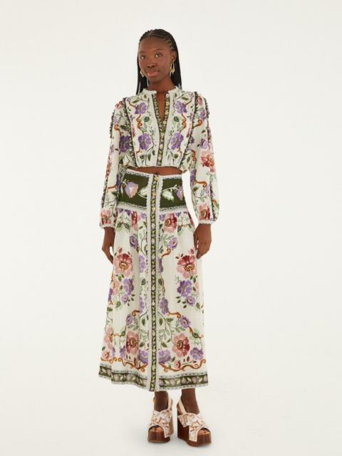 FARM RIO Cream Rococo Flowers Lace Buttoned Midi Skirt