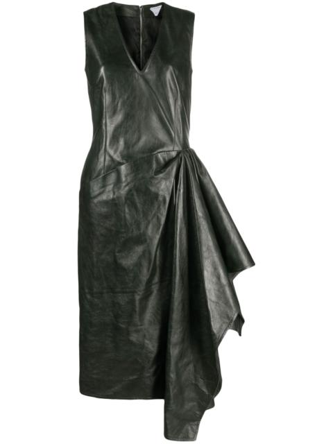 Green Draped Leather Midi Dress
