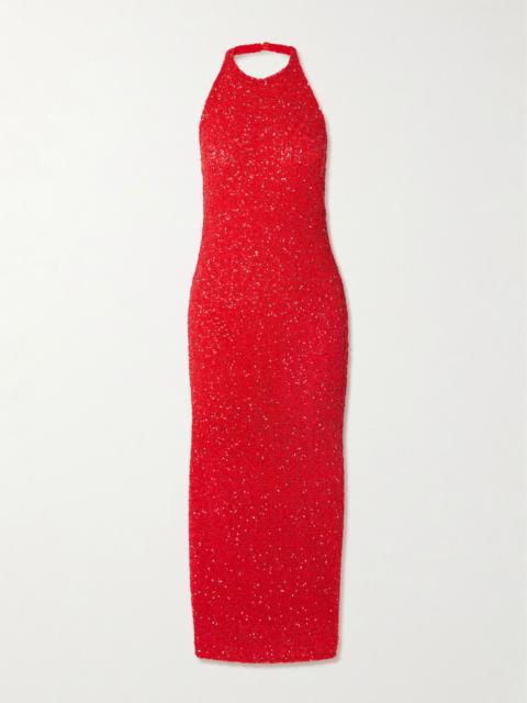 TOVE Collette sequin-embellished mesh halterneck maxi dress Red