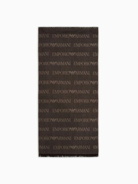 EMPORIO ARMANI Virgin-wool blend scarf with jacquard logo lettering and fringes