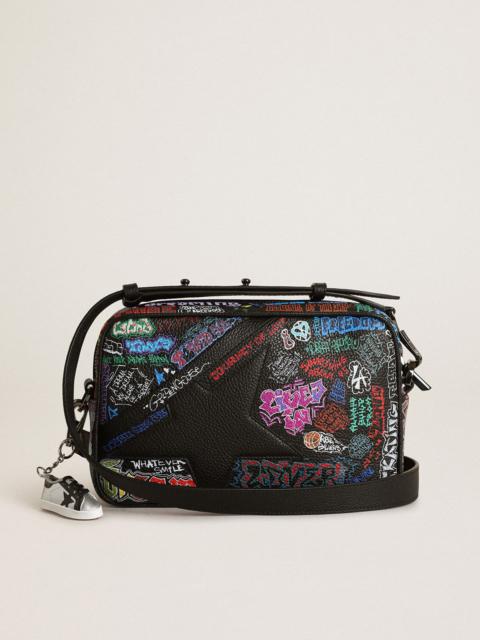 Golden Goose Star Bag in black hammered leather with black leather star and all-over multicolored print