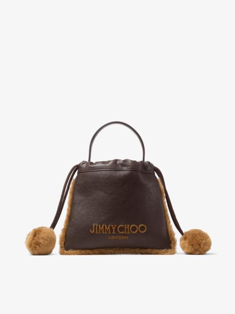 JIMMY CHOO Drawstring Pouch Top Handle Chocolate and Toffee Biker Leather and Shearling Drawstring Pouch with P