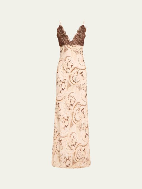 Paisley-Printed Susanna Lace Bodice Slip Dress