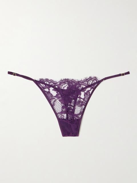KIKI DE MONTPARNASSE Camille Stretch-silk Satin-trimmed Organic Cotton-lace Thong